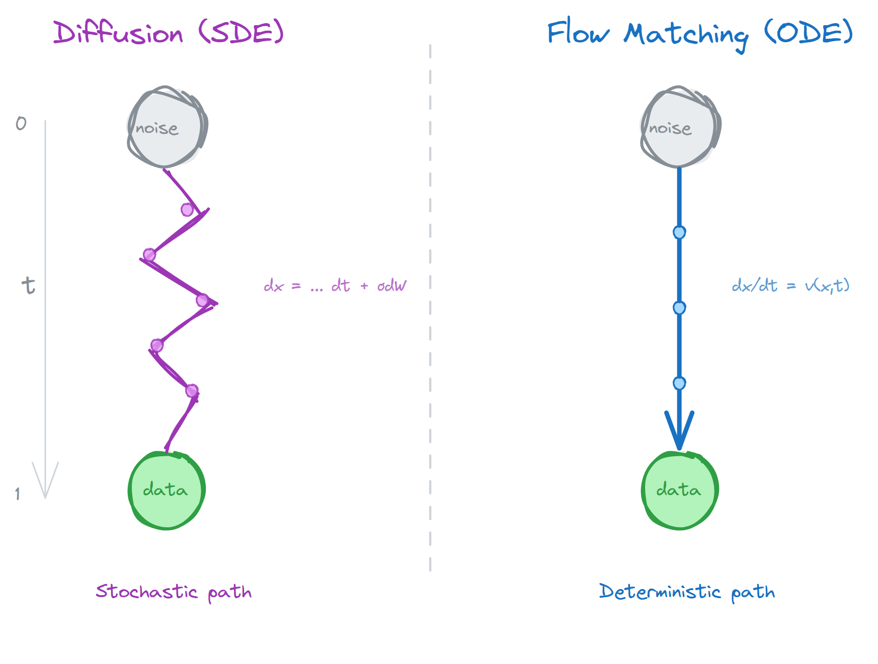 Diffusion vs. Flow Matching: stochastic path vs. deterministic path