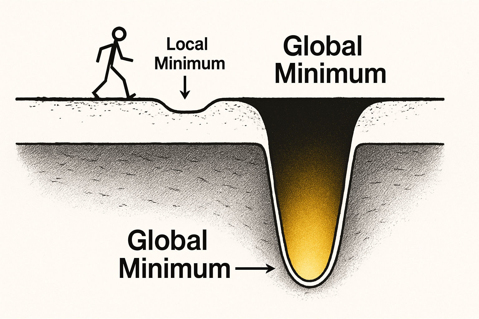 Gradient descent finds the lowest point on a known landscape, but it cannot tell you whether the landscape itself is worth exploring